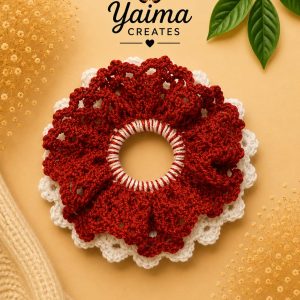 Dalia – stor vändbar röd och vit handvirkad scrunchie