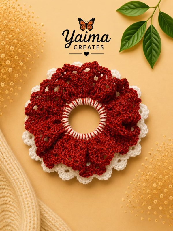 Dalia – stor vändbar röd och vit handvirkad scrunchie