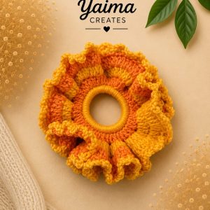 Sol – stor gul och orange handvirkad scrunchie