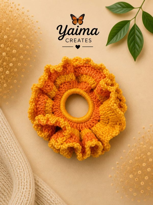 Sol – stor gul och orange handvirkad scrunchie