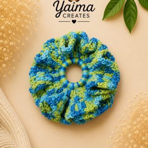 Laguna – stor handvirkad scrunchie i flerfärgat garn