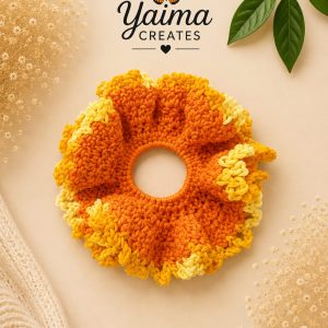 Amanecer – stor orange och gul handvirkad scrunchie