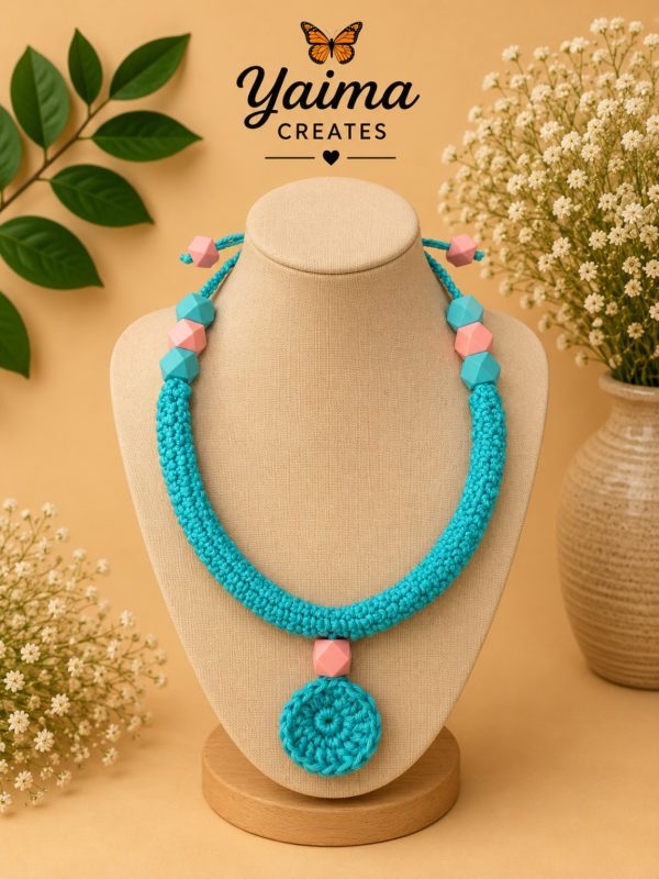 Caribe – handgjort virkat halsband i turkos och rosa